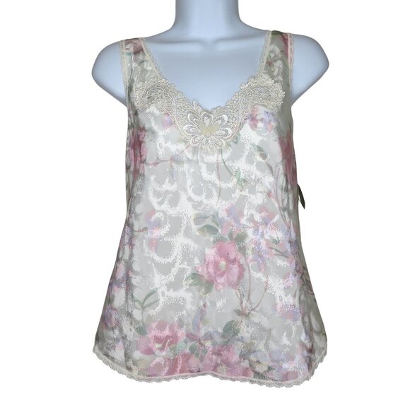 New Vintage 70s Lucie Ann II Floral Print Tank Top Camisole S Lace Trim USA Made - Picture 1 of 14